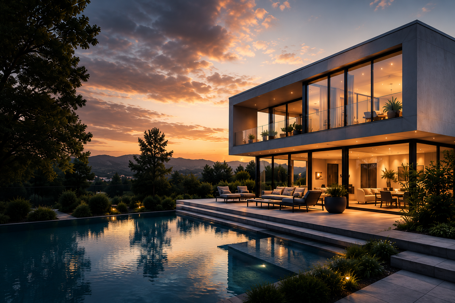 Maison moderne au crépuscule avec piscine