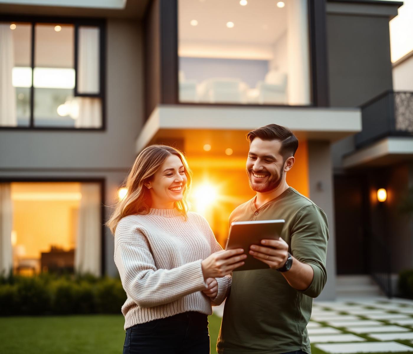 Couple consultant l'application PlusBoo devant leur maison